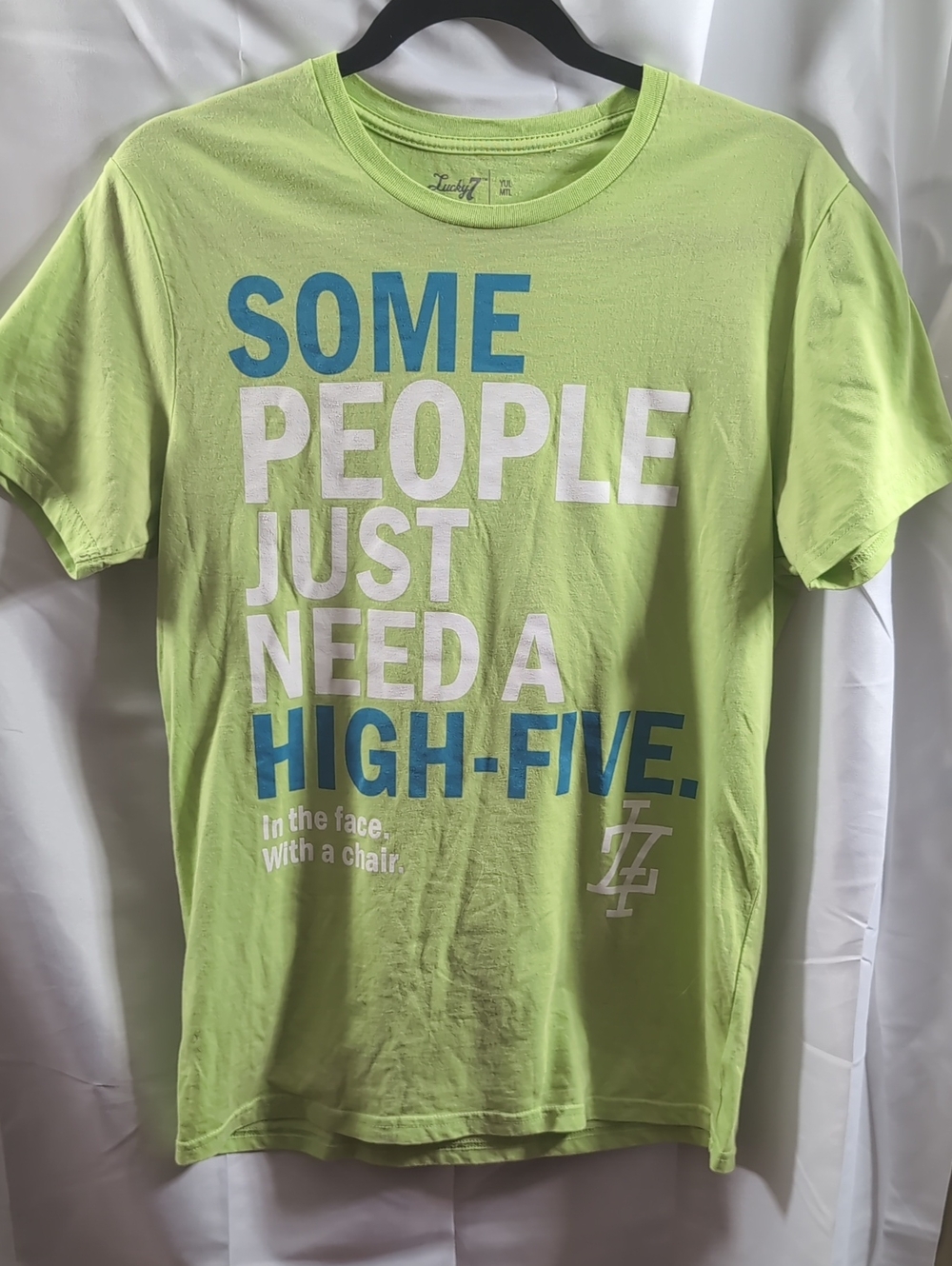 Graphic Lucky 7 Brand Tee with Bold High-Five Slogan - Lime Green